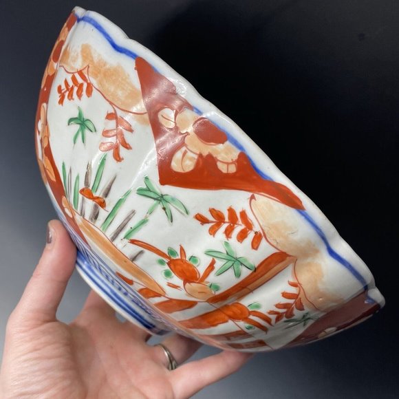 Antique 19th C. Meiji Era Japanese Porcelain Imari Bowl Scalloped Hand Painted - Picture 4 of 16
